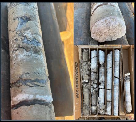 Drill core from Jackpot Lake showing massive evaporite intervals and basal coarse sand